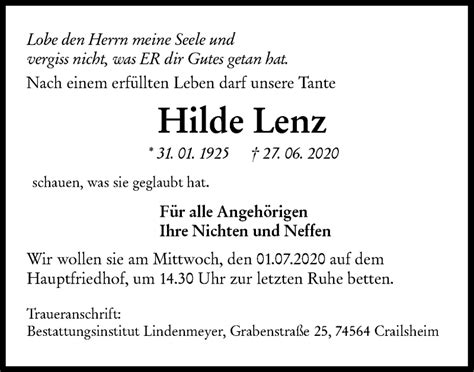 Traueranzeigen von Hilde Lenz Südwest Presse Trauer