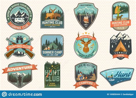 Summer Camp And Hunting Club Patches Vector Concept For Shirt Or Logo