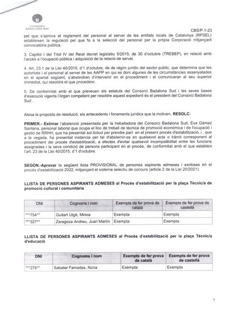 Resolució relativa a laprovació provisional de la llista de les