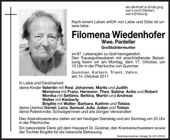 Traueranzeigen Von Filomena Wiedenhofer Trauer Bz