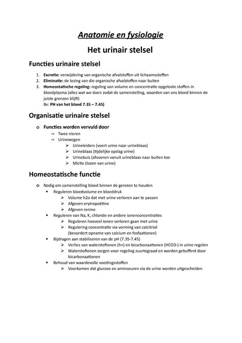 Het Urinairstelsel Samenvatting Van Anatomie En Fysiologie Het