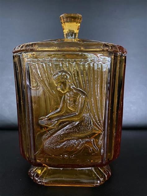 Stunning Art Deco Amber Glass Pandora Box Cookie Biscuit Jar With Lid