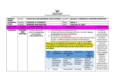 Weekly HOME Learning PLAN IN Reading AND Writing WEEK 1 4 Quarter 1