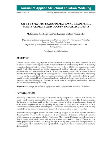 Pdf Safety Specific Transformational Leadership Safety Climate And