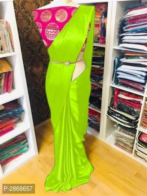 Plain Sattin Saree With Contrast Banarasi Silk Blouse Parrot Green Saree With Pink Blouse