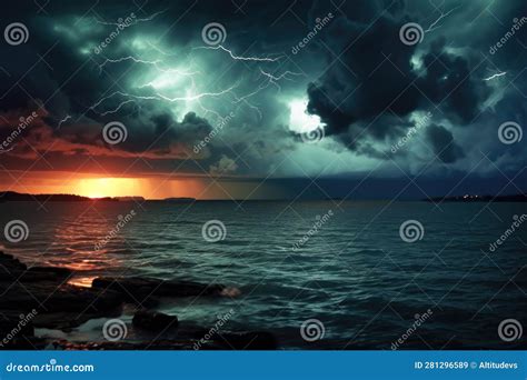 Lightning Illuminating Dark Storm Clouds Over Ocean Stock Illustration - Illustration of ...