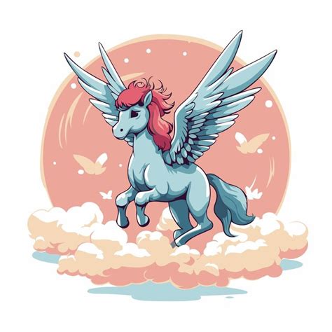 Unicornio con alas volando en las nubes Ilustración vectorial Vector