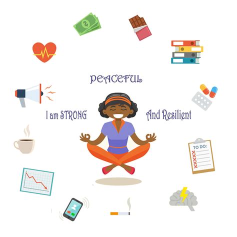 A black woman in yoga pose surrounded by stressor icons with the ...