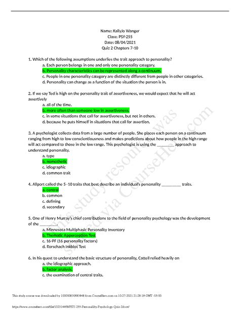 Solution Psy 255 Personalilty Psychology Quiz 2 Docx Studypool