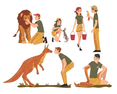 Premium Vector | Professional zoo workers caring of wild animals in zoo