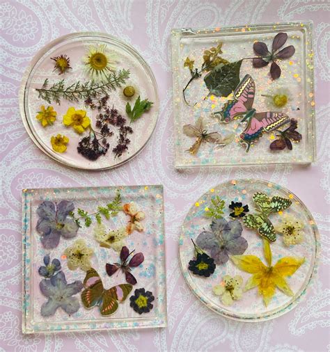 Set Of Dried Pressed Flower Coasters Butterflies Resin Etsy