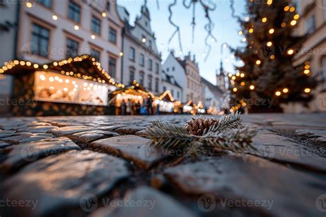 The town square glimmers with lights and festive stalls as locals and