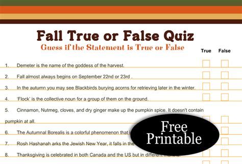 Free Printable Fall True Or False Trivia Quiz