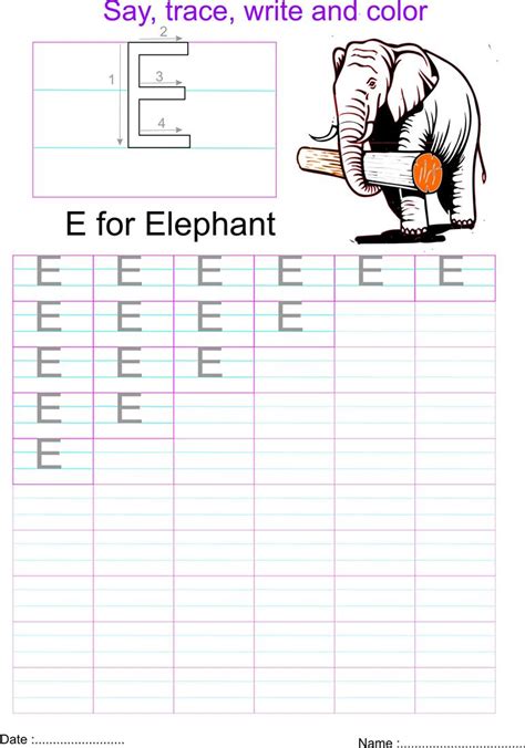 English capital letter 'E' worksheet