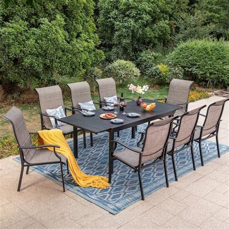 PHI VILLA Black 9 Piece Metal Expandable Table Patio Outdoor Dining Set