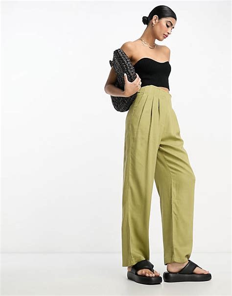 Asos Design Seamed Waist Pant With Linen In Olive Asos