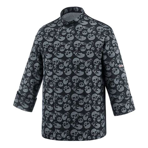 Chaqueta De Cocinero Con Corchetes Negra Estampada Con Calaveras De Egochef