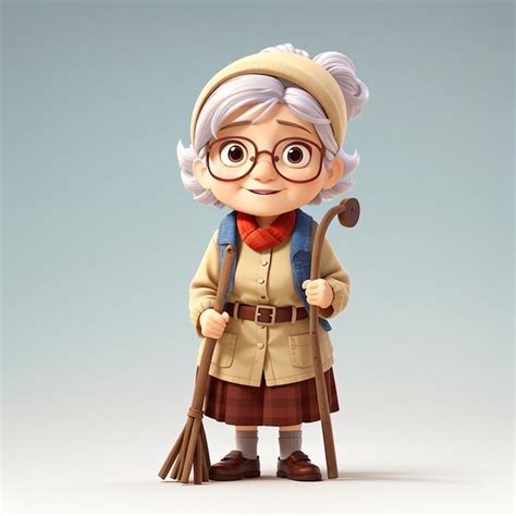 Premium Photo Cute Grandmother Cartoon Standing Bring Stick