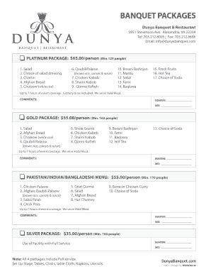 Fillable Online Banquet Package Dunya Banquet Restaurant Fax Email