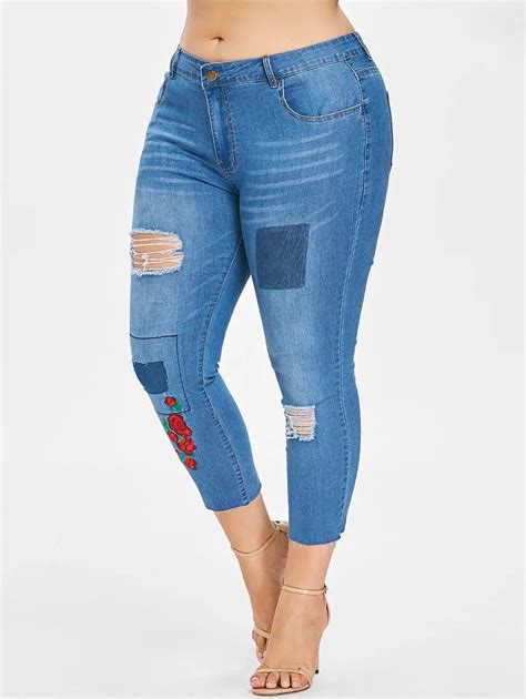 Wipalo Plus Size 5xl Skinny Embroidered Ripped Cropped Jeans Denim Blue