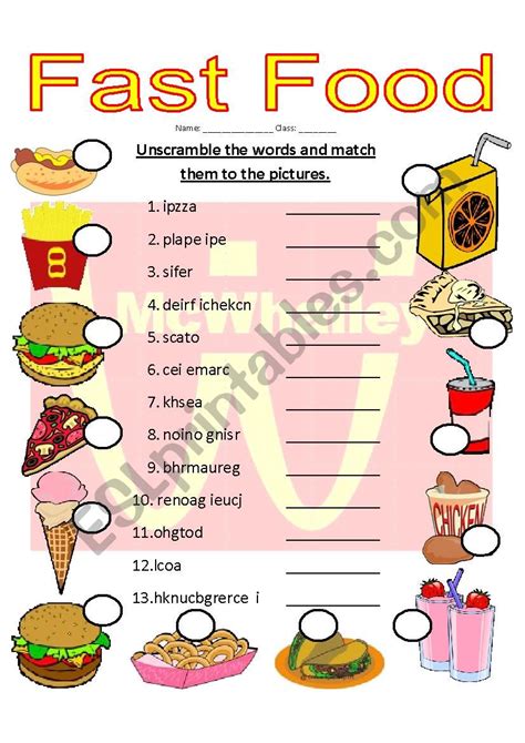 Fast Food Esl Printable Worksheets For Kids 1