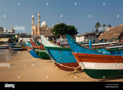 India Kerala Kovalam Vizhinjam Village Colourful Fishing Boats On