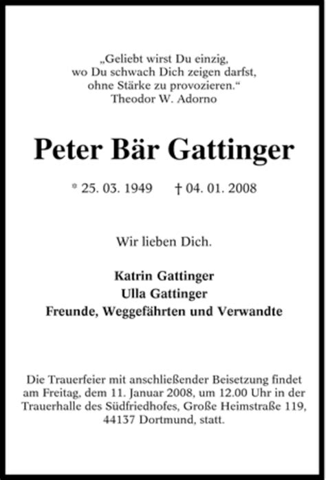 Traueranzeigen von Peter Bär Gattinger Trauer in NRW de