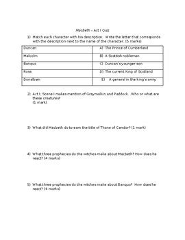 Macbeth Act 1 Quiz Shakespeare By Teresas Classroom TPT