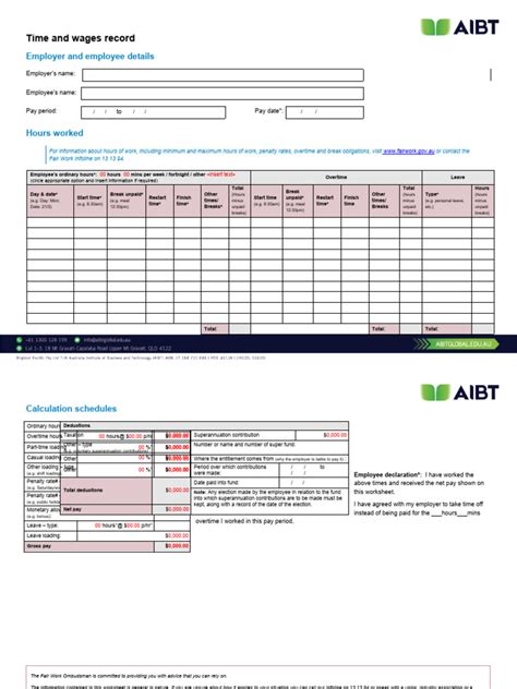 Sitxhrm008 Weekly Time And Wages Record Template Pdf Overtime