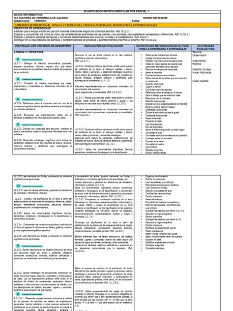 Planificación Microcurricular Por Parcial 3° Pdf Familia Aprendizaje