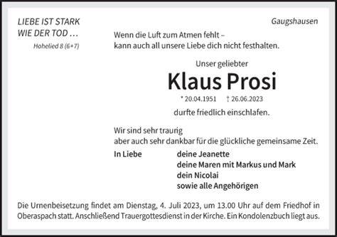 Traueranzeigen Von Klaus Prosi S Dwest Presse Trauer