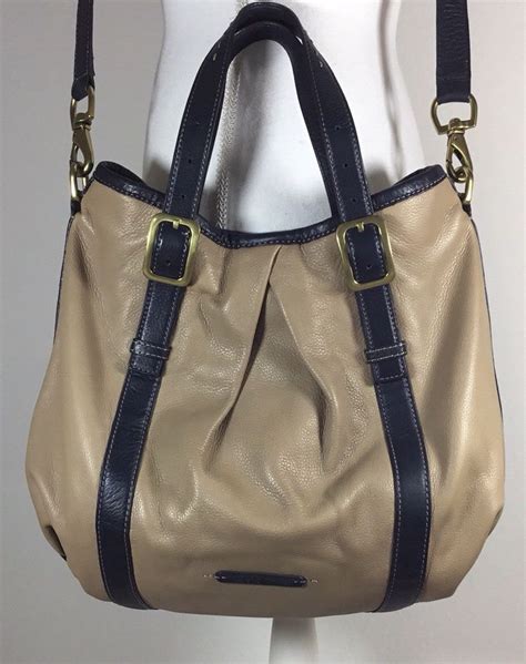 Cole Haan Leather Hobo Shoulder Bag Beige Tan With Blue Color Large