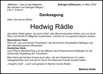 Traueranzeigen von Hedwig Rädle Schwarzwälder Bote Trauer