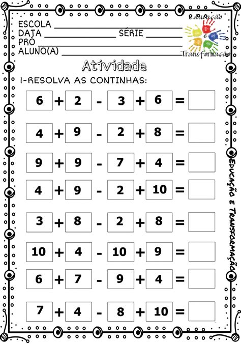Atividade Com Continhas De Adição E Subtração