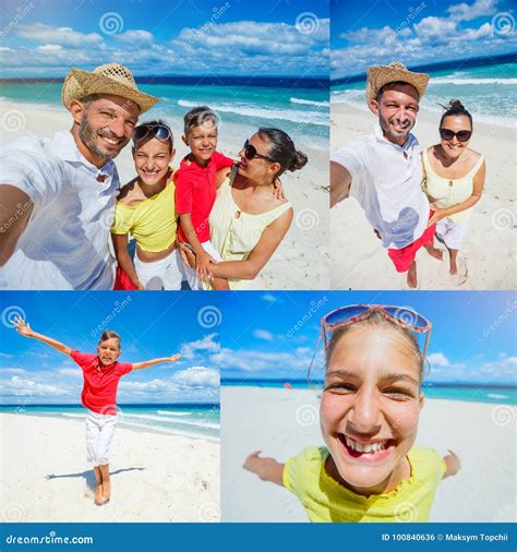 Collage De La Familia De Cuatro Miembros Que Se Divierte En La Playa