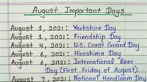 August Important Days 2021 YouTube