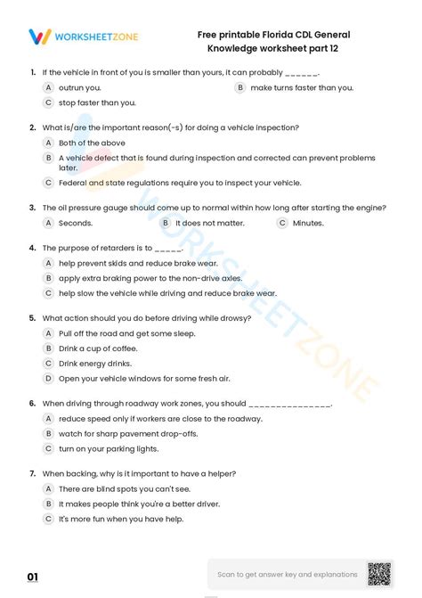 Free Printable Florida Cdl General Knowledge Worksheet Part 12