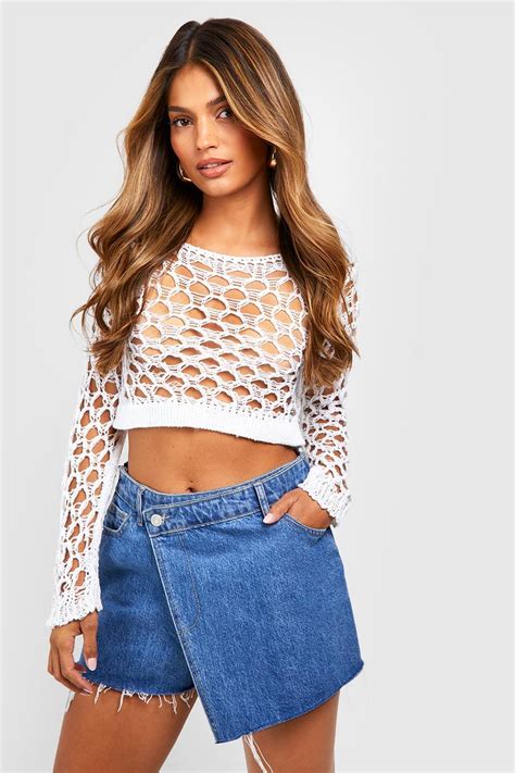 White Crochet Long Sleeve Top Boohoo Uk