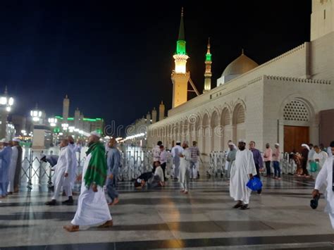 Masjid Al Nabawi In Medina Saudi Arabia At Night Editorial