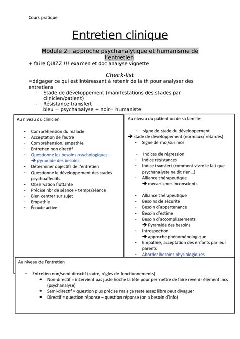 Entretien Clinique Check List Module 2 Cours Pratique Entretien