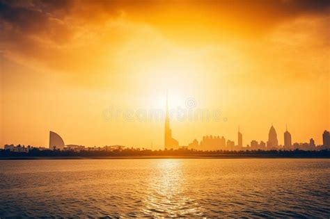 The Sun Is Setting Over The City Skyline As Seen From The Water Of A