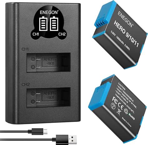 ENEGON Batería Paquete de 2 y Smart LED Cargador Doble USB para Hero