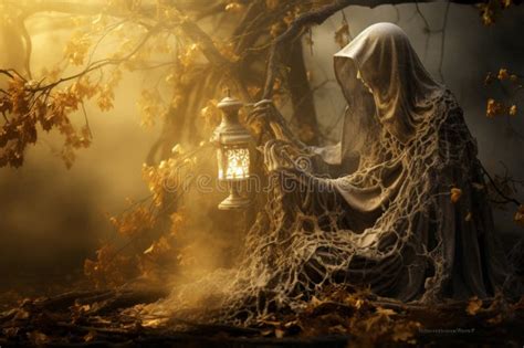 The Grim Reaper Holding A Lantern In The Woods Stock Illustration