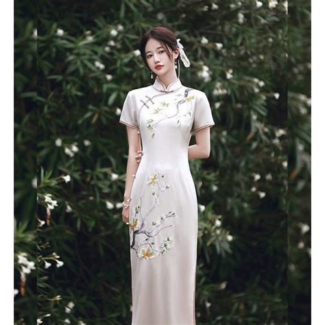 Chinese Cheongsam Dress White Embroidered Qipao Long Evening Etsy