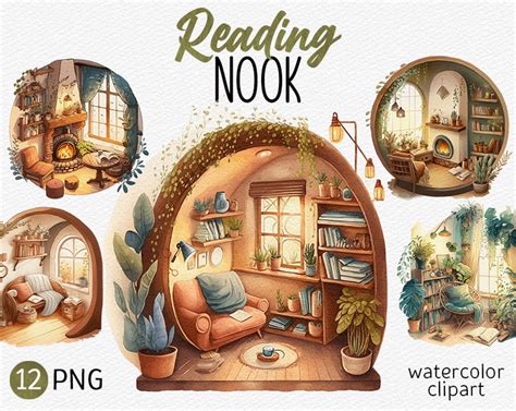 Watercolor Reading Nook Clipart Bundle Reading Corner PNG Bookshelf