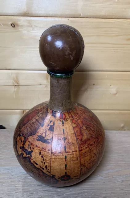 Vintage Italian Leather Map Of The World Bottle Decanter Leather