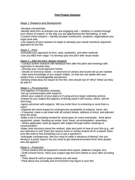 Film Project Checklist Pdf Filmmaking Human Communication