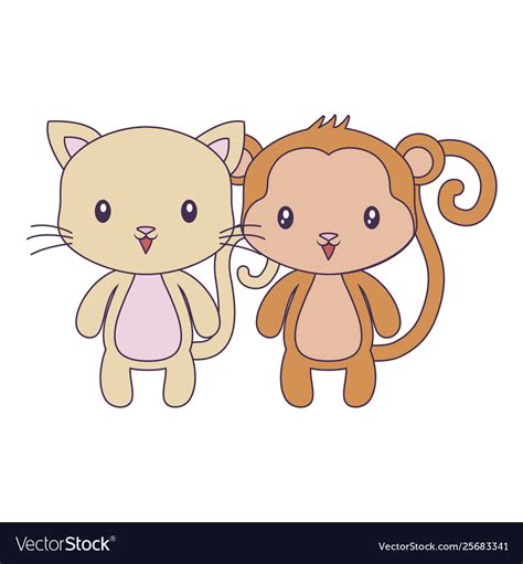 Cute cat with monkey animals isolated icon Vector Image