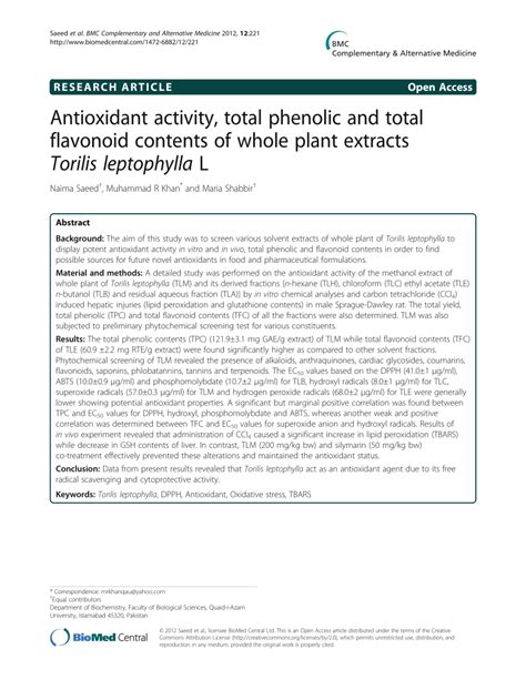 Pdf Antioxidant Activity Total Phenolic And Total Flavonoid Contents