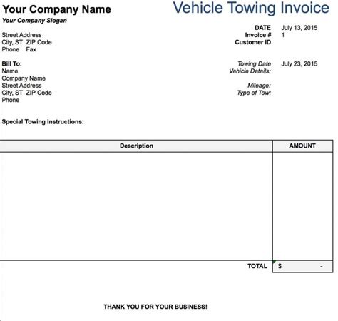 Free Printable Tow Invoice Template Fillable Form 2024